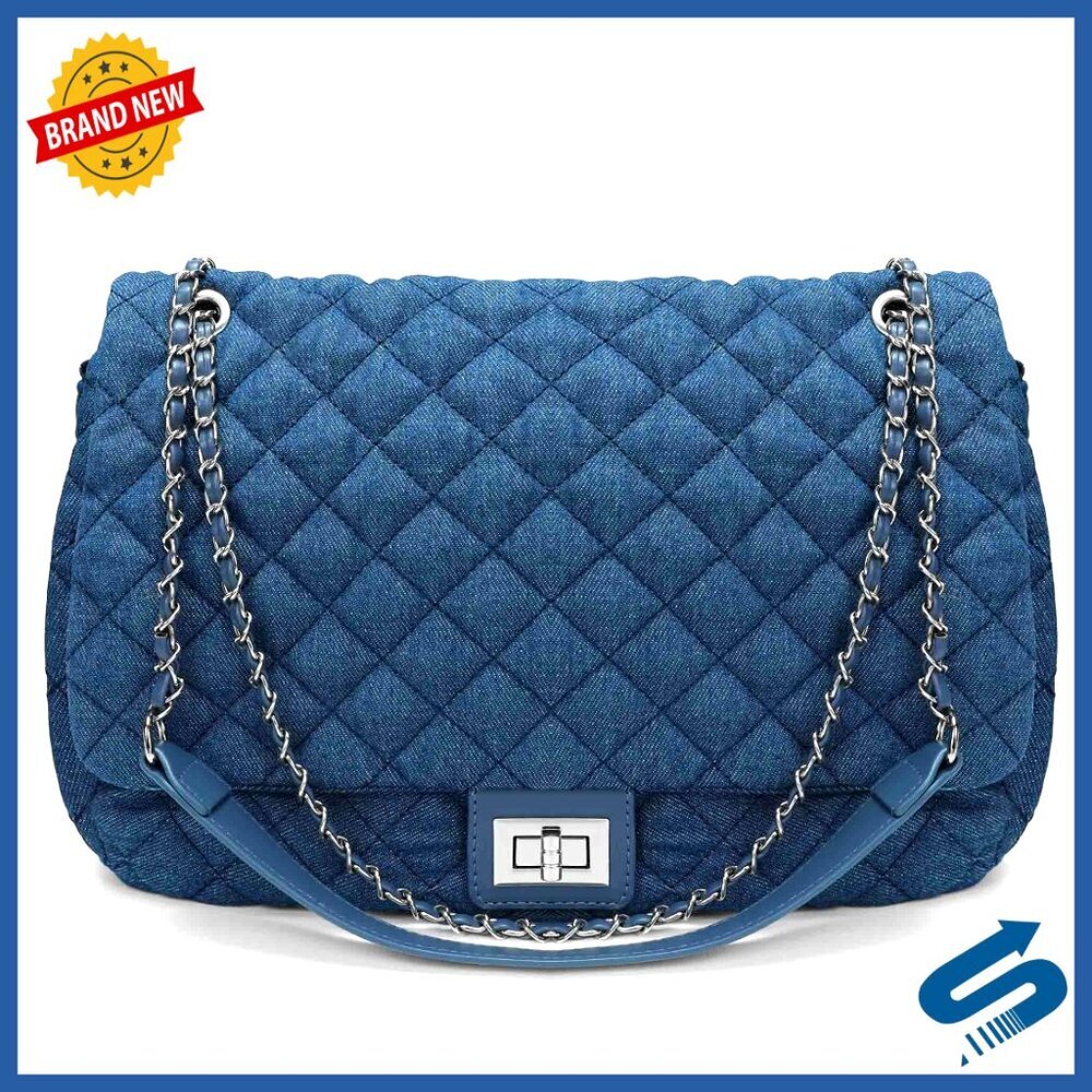 Quilted Denim Crossbody Bag with Chain Strap, Medium Tote Handbag
